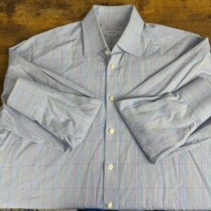 Charles Tyrwright Light Blue Plaid Dress Shirt Button‎ Front Long Sleeve 16/33